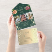 Emerald Green Bloemen Juweel Tone Wedding All In One Uitnodiging (Afscheurbaar)