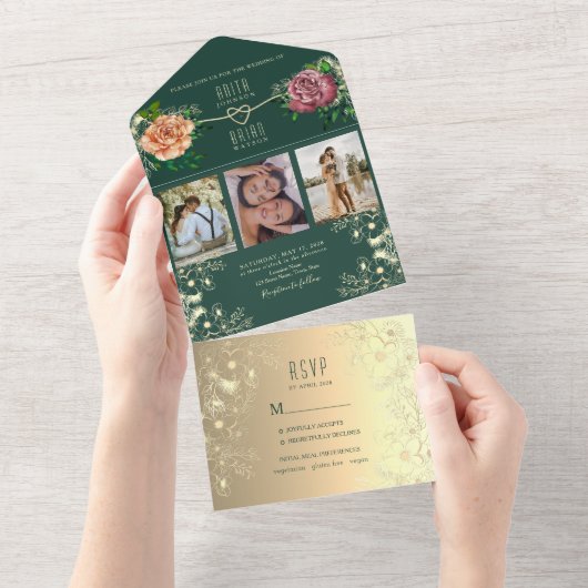 Emerald Green Bloemen Juweel Tone Wedding All In One Uitnodiging (Afscheurbaar)
