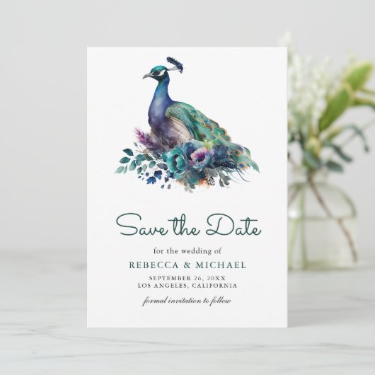 Emerald Green Bloemen Pauw Foto bruiloft Save The Date (Staand voorkant)