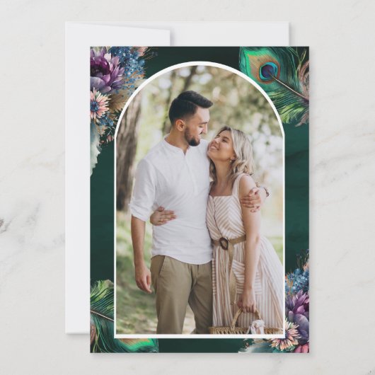 Emerald Green Bloemen Pauw Foto bruiloft Save The Date (Achterkant)