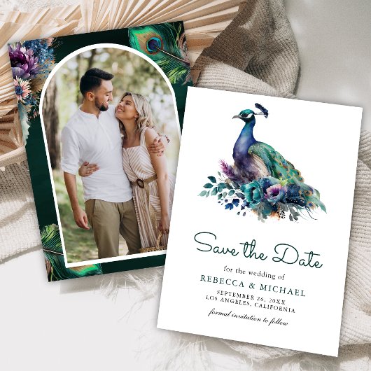 Emerald Green Bloemen Pauw Foto bruiloft Save The Date