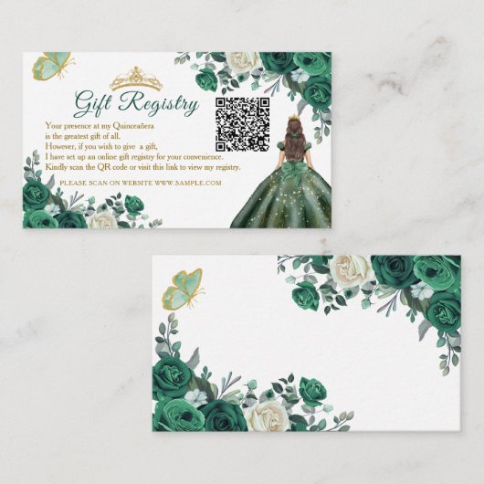 Emerald Green Bloemen Quinceañera QR Gift Registry Informatiekaartje (Voorkant / Achterkant)