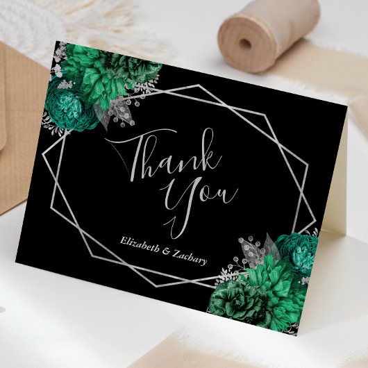 Emerald Green Bloemen Zilver Zwart Huwelijk Bedankkaart