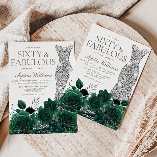 Emerald Green Bloemen & Zilveren jurk 60e verjaard Kaart