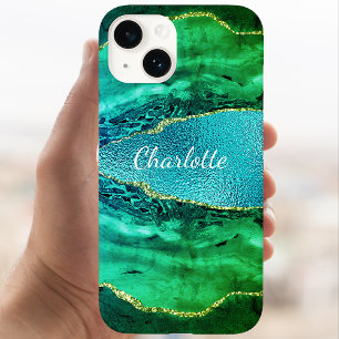 Emerald green blue agate marmer name script Case-Mate iPhone 14 hoesje