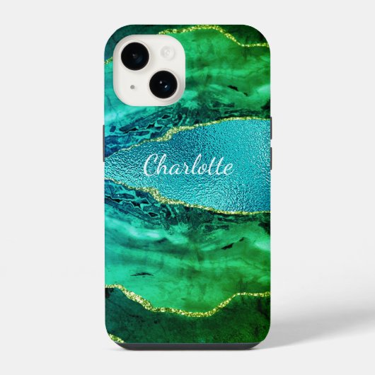 Emerald green blue agate marmer name script iPhone hoesje (Achterkant)