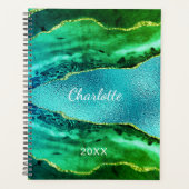 Emerald green blue agate marmer name script planner (Voorkant)