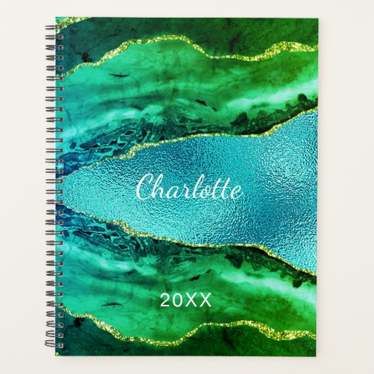 Emerald green blue agate marmer name script planner (Voorkant)
