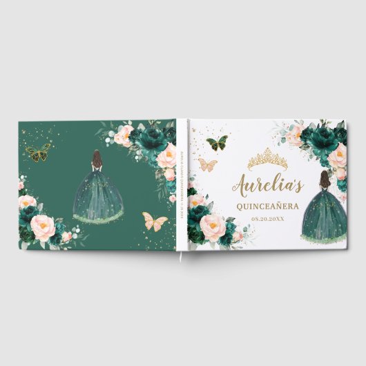 Emerald Green Blush Floral Princess Quinceañera Gastenboek (Volledig)