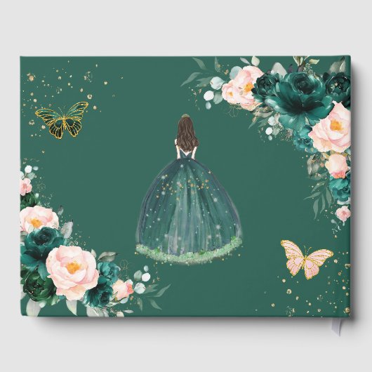 Emerald Green Blush Floral Princess Quinceañera Gastenboek (Achterkant)
