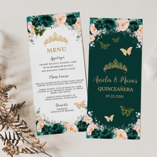 Emerald Green Blush Floral Twins Birthday Menu
