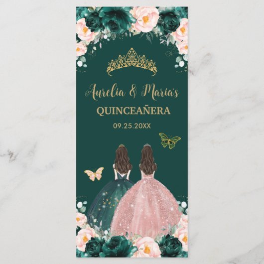 Emerald Green Blush Floral Twins Quinceañera Menu (Achterkant)