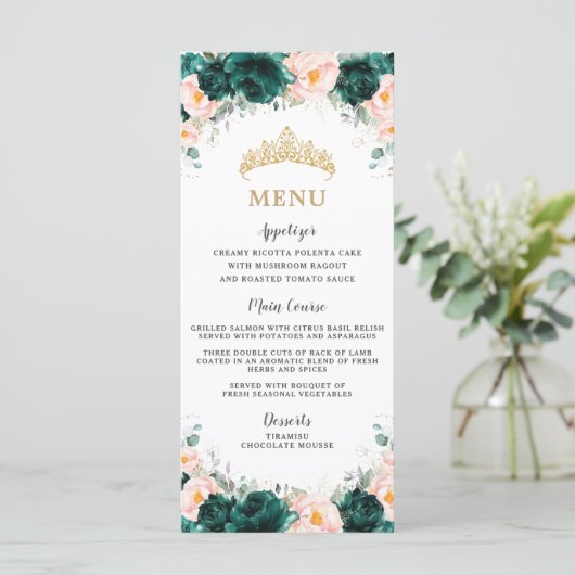 Emerald Green Blush Floral Twins Quinceañera Menu (Staand voorkant)