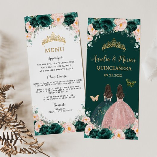 Emerald Green Blush Floral Twins Quinceañera Menu