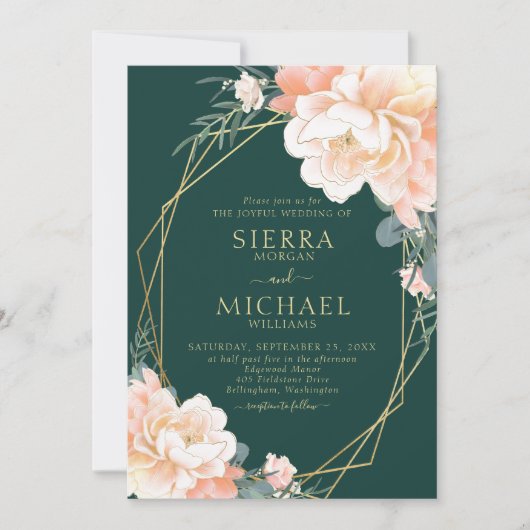Emerald Green Blush Gold Peach Floral Wedding Kaart (Voorkant)