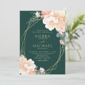 Emerald Green Blush Gold Peach Floral Wedding Kaart (Staand voorkant)