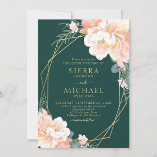 Emerald Green Blush Gold Peach Floral Wedding Kaart