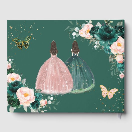 Emerald Green Blush Pink Floral Twins Quinceañera Gastenboek (Achterkant)