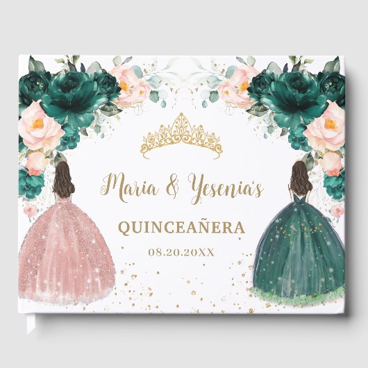 Emerald Green Blush Pink Floral Twins Quinceañera Gastenboek (Voorkant)