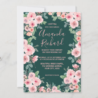 Emerald Green Blush Pink Rustic Floral Wedding Kaart