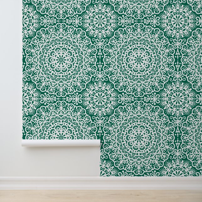 Emerald Green Bohemian Mandala White Lace Behang (Applicatie)