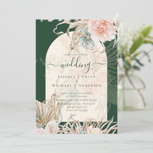 Emerald Green BOHO Peach Pampas Grass Wedding Kaart (Staand voorkant)
