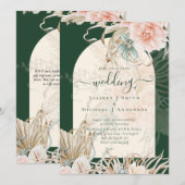 Emerald Green BOHO Peach Pampas Grass Wedding Kaart (Voorkant / Achterkant)