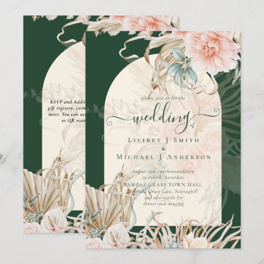 Emerald Green BOHO Peach Pampas Grass Wedding Kaart (Voorkant / Achterkant)