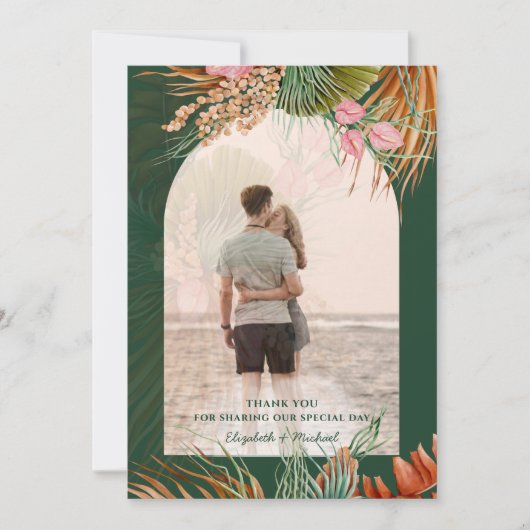 Emerald Green Boho Tropical Pampas Grass Wedding Bedankkaart (Voorkant)