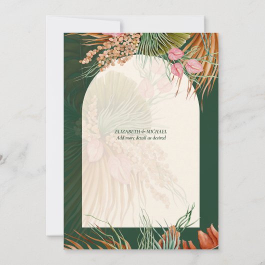 Emerald Green Boho Tropical Pampas Grass Wedding Bedankkaart (Achterkant)