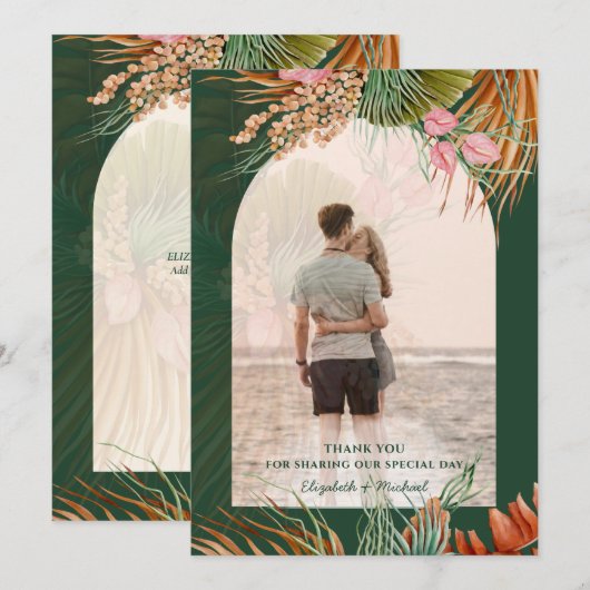 Emerald Green Boho Tropical Pampas Grass Wedding Bedankkaart (Voorkant / Achterkant)