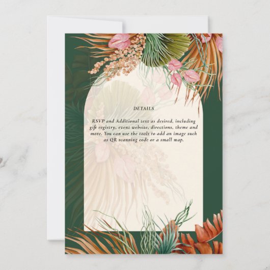 Emerald Green Boho Tropical Pampas Grass Wedding Kaart (Achterkant)