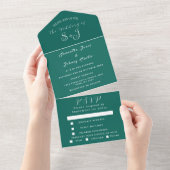Emerald Green Boho Unique Elegant Script Wedding All In One Uitnodiging (Afscheurbaar)