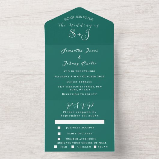 Emerald Green Boho Unique Elegant Script Wedding All In One Uitnodiging (Binnen)