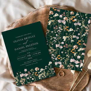 Emerald Green Boho Wildflower Garden Wedding Kaart
