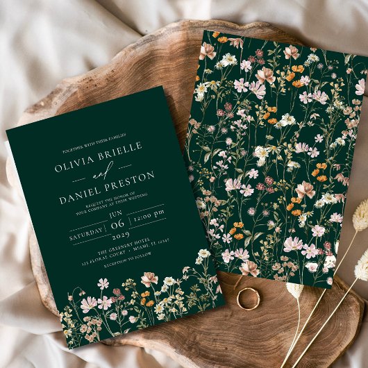 Emerald Green Boho Wildflower Garden Wedding Kaart