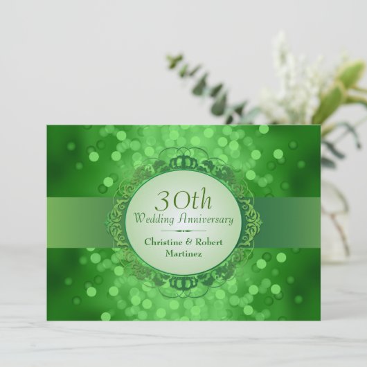 Emerald Green Bokeh 30th Jubileum Party Kaart (Staand voorkant)