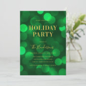 Emerald Green Bokeh Lights Faux Gold Holiday Party Kaart (Staand voorkant)