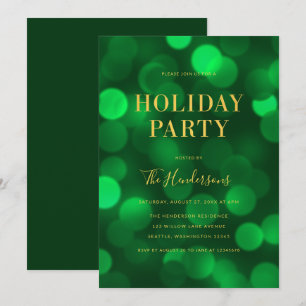 Emerald Green Bokeh Lights Faux Gold Holiday Party Kaart