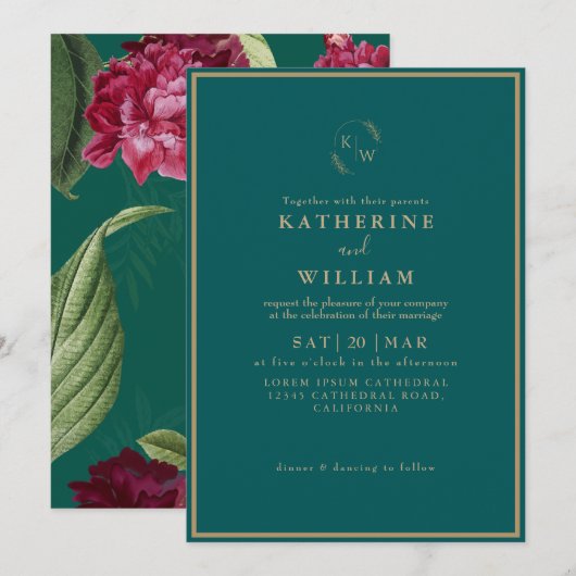 Emerald Green bordeaux Dusty Roos bloemenbruiloft Kaart (Voorkant / Achterkant)