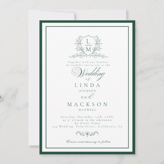Emerald Green botanical crest monogram wedding Kaart (Voorkant)