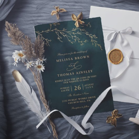 Emerald Green Botanical Elegant QR Code Wedding Kaart