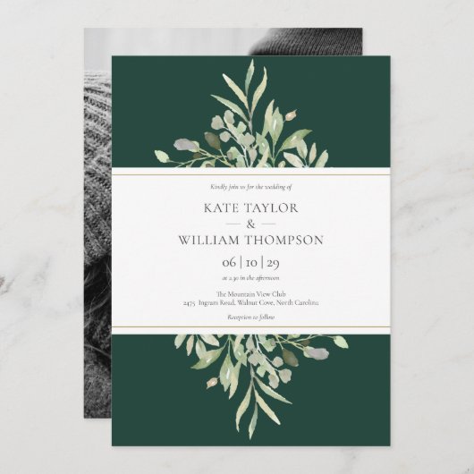 Emerald Green Botanical Photo Wedding Invitation Kaart (Voorkant / Achterkant)