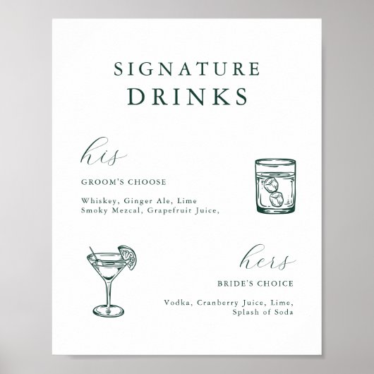Emerald Green Botanische Handtekening Drinken Poster (Voorkant)