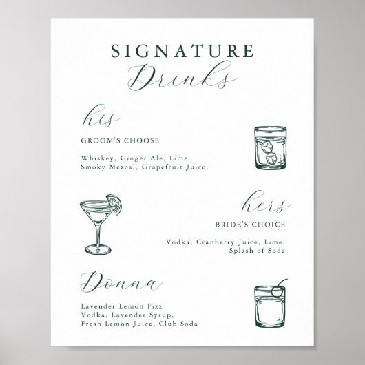 Emerald Green Botanische Handtekening Drinken Poster (Voorkant)