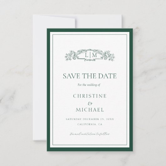 Emerald Green botanische kam monogram bruiloft Save The Date (Voorkant)