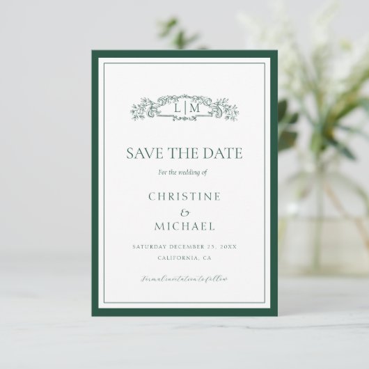 Emerald Green botanische kam monogram bruiloft Save The Date (Staand voorkant)