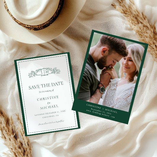 Emerald Green botanische kam monogram bruiloft Save The Date
