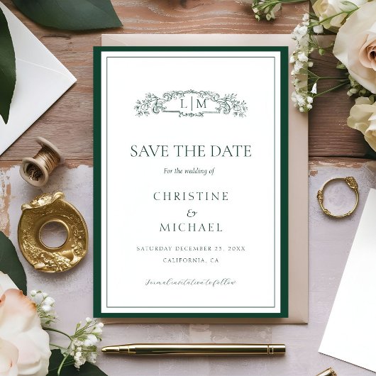 Emerald Green botanische kam monogram bruiloft Save The Date