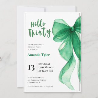 Emerald Green Bow 30th Birthday Invitation Kaart